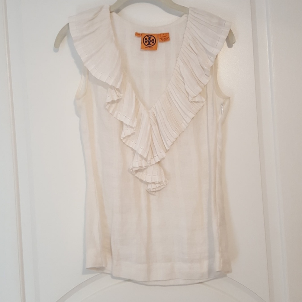 Tory Burch White Pleated Linen Shell Top